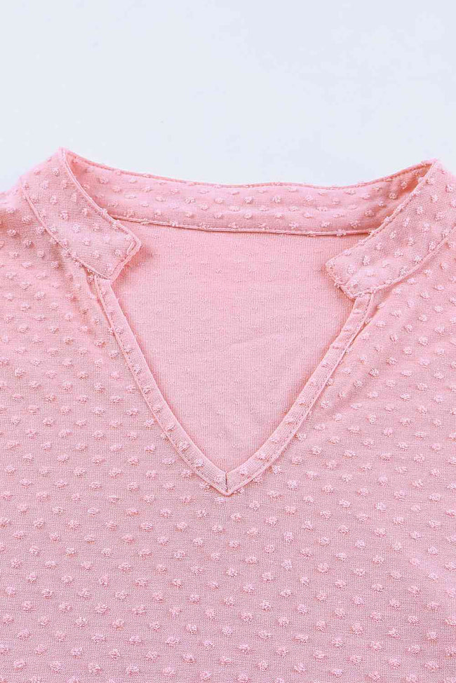 Notched Neck Swissdot Dropped Shoulder Top and Tie Waist Shorts Set