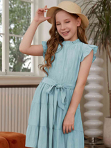 Frill Trim Tie Belt Tiered Dress