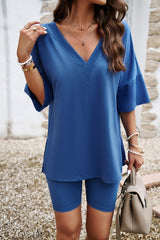 V-Neck Dropped Shoulder Top and Shorts Set