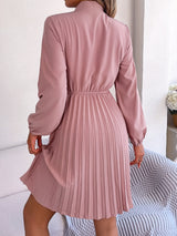 Tie Neck Balloon Sleeve Pleated Dress