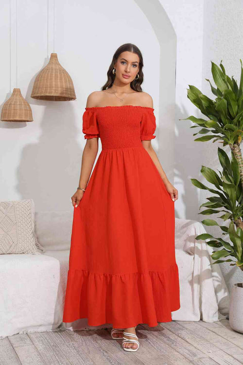 Smocked Off-Shoulder Maxi Dress