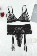 Strappy Three-Piece Lace Lingerie Set