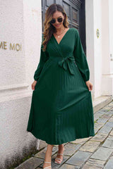 Pleated Long Sleeve Surplice Maxi Dress