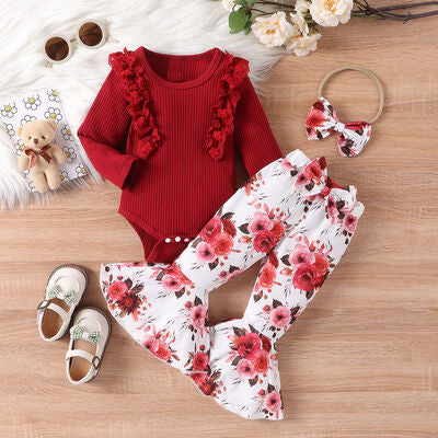 Lace Detail Round Neck Bodysuit and Bow Pants Set