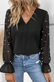 Pearl Detail V-Neck Flounce Sleeve Blouse