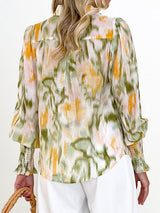 Printed Lantern Sleeve Button Up Shirt