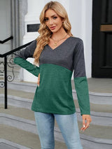 Color Block V-Neck Long Sleeve T-Shirt