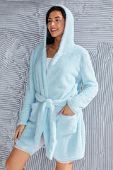 Fuzzy Tied Pocketed Hooded Lounge Nightgown