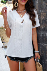 Eyelet Decorative Button V-Neck T-Shirt