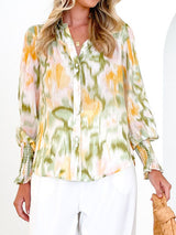 Printed Lantern Sleeve Button Up Shirt