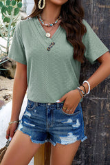 Eyelet Decorative Button V-Neck T-Shirt