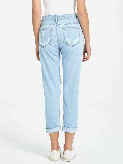 Buttoned Distressed Cropped Jeans