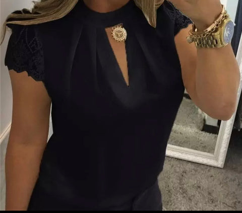 Deep V-Neck Short Sleeve Chiffon Blouse