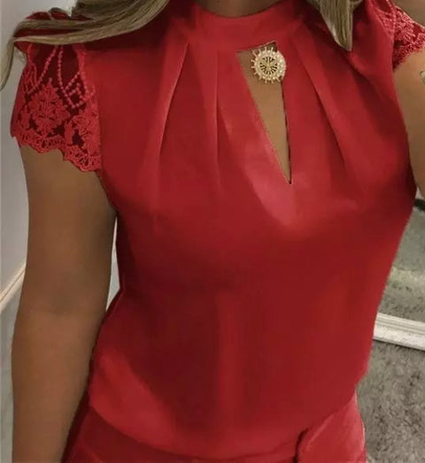 Deep V-Neck Short Sleeve Chiffon Blouse